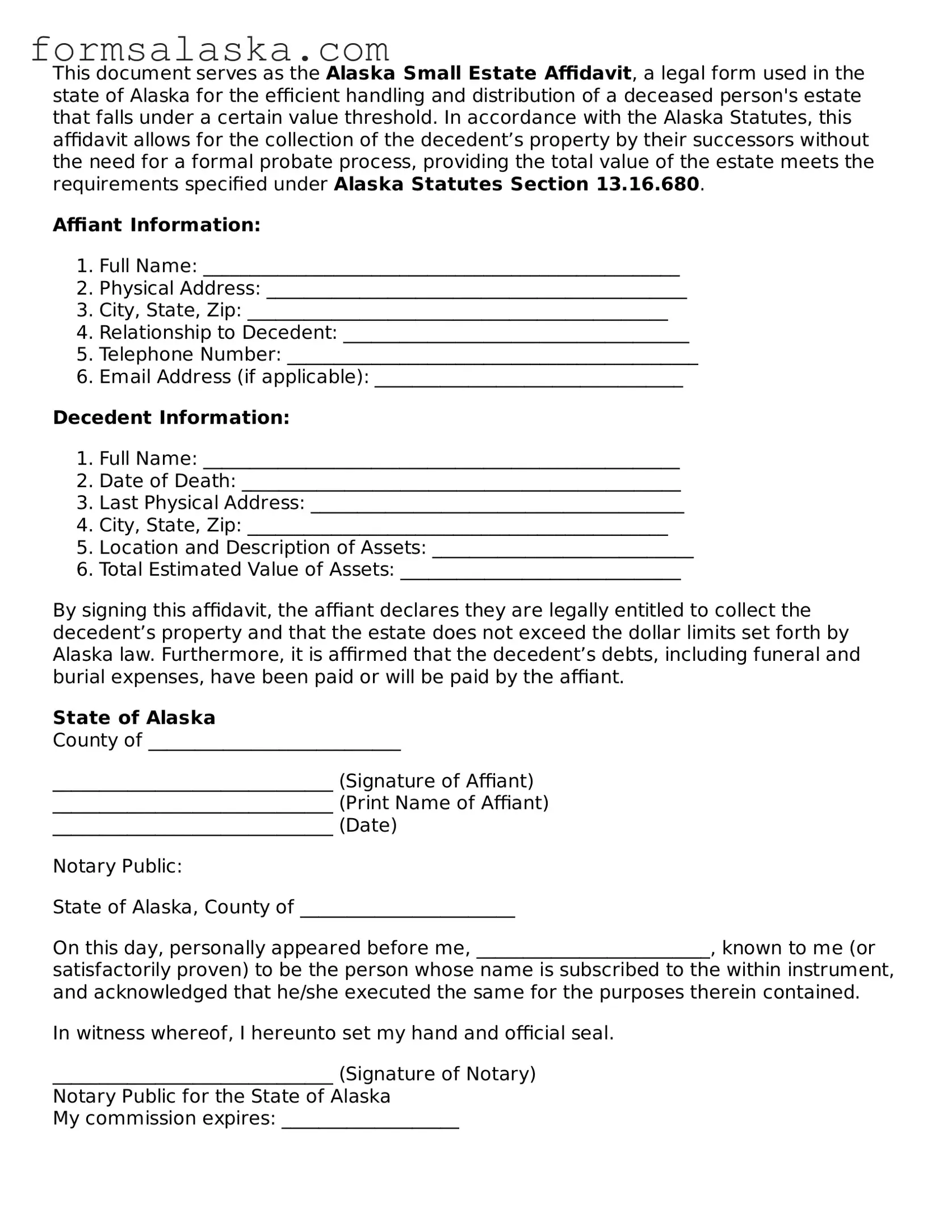 Alaska Small Estate Affidavit Document