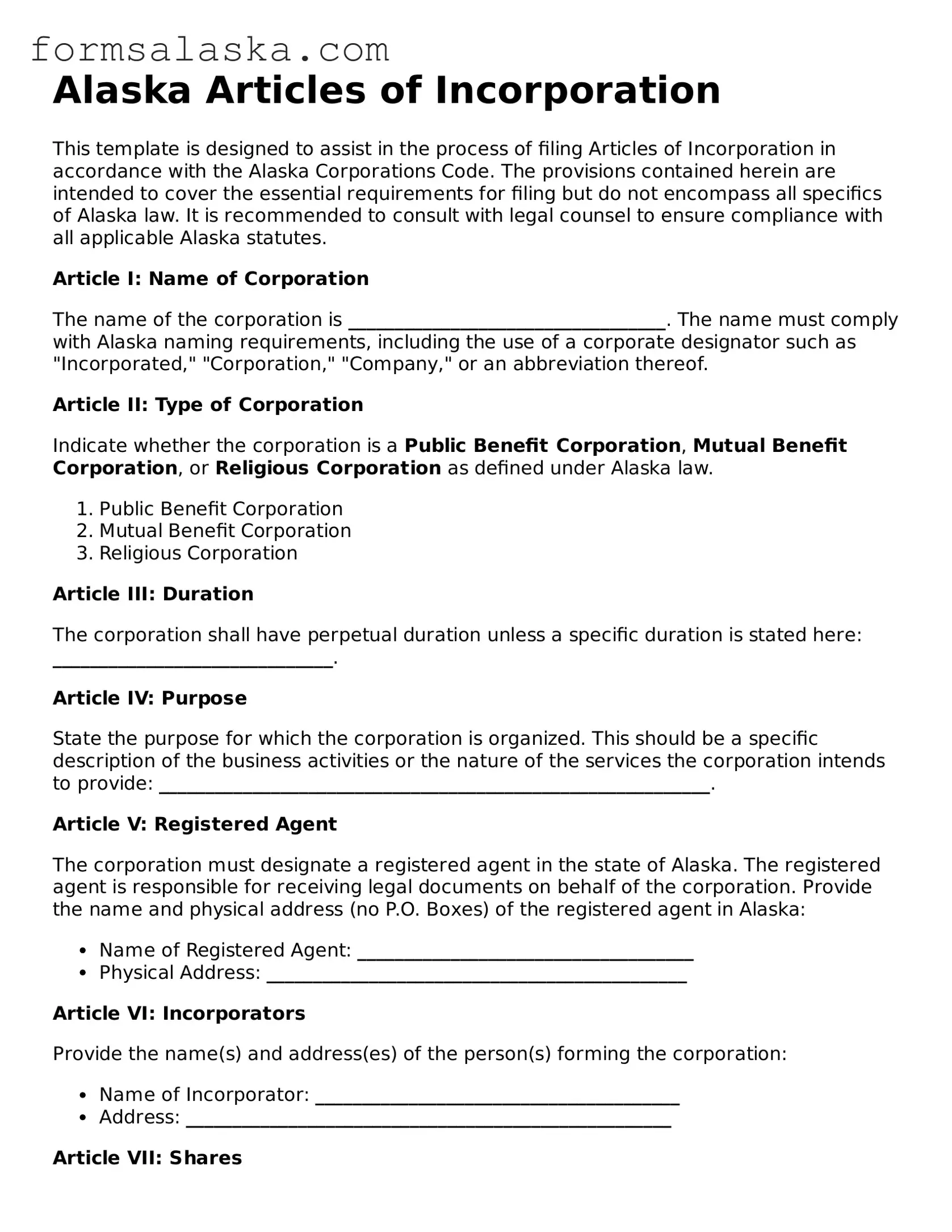 Alaska Articles of Incorporation Document