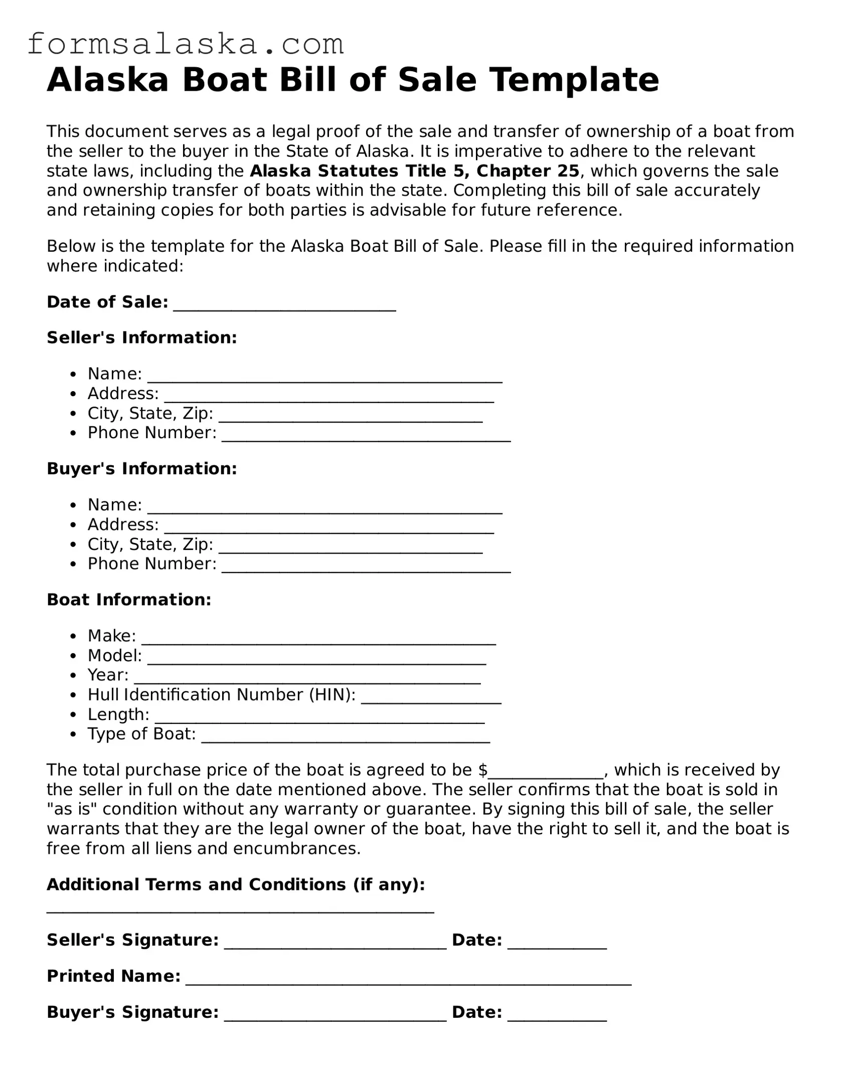 Alaska Boat Bill of Sale Document