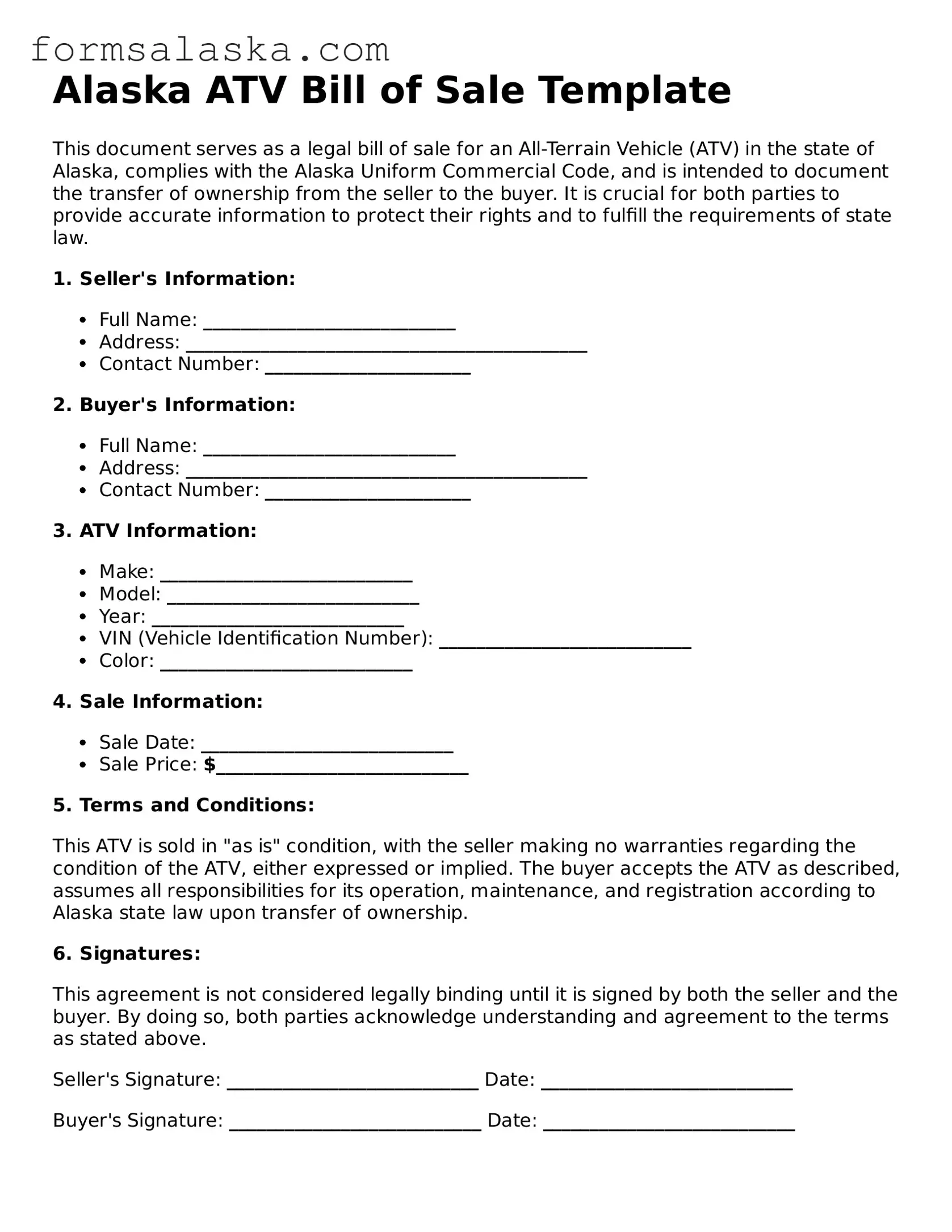 Alaska ATV Bill of Sale Document