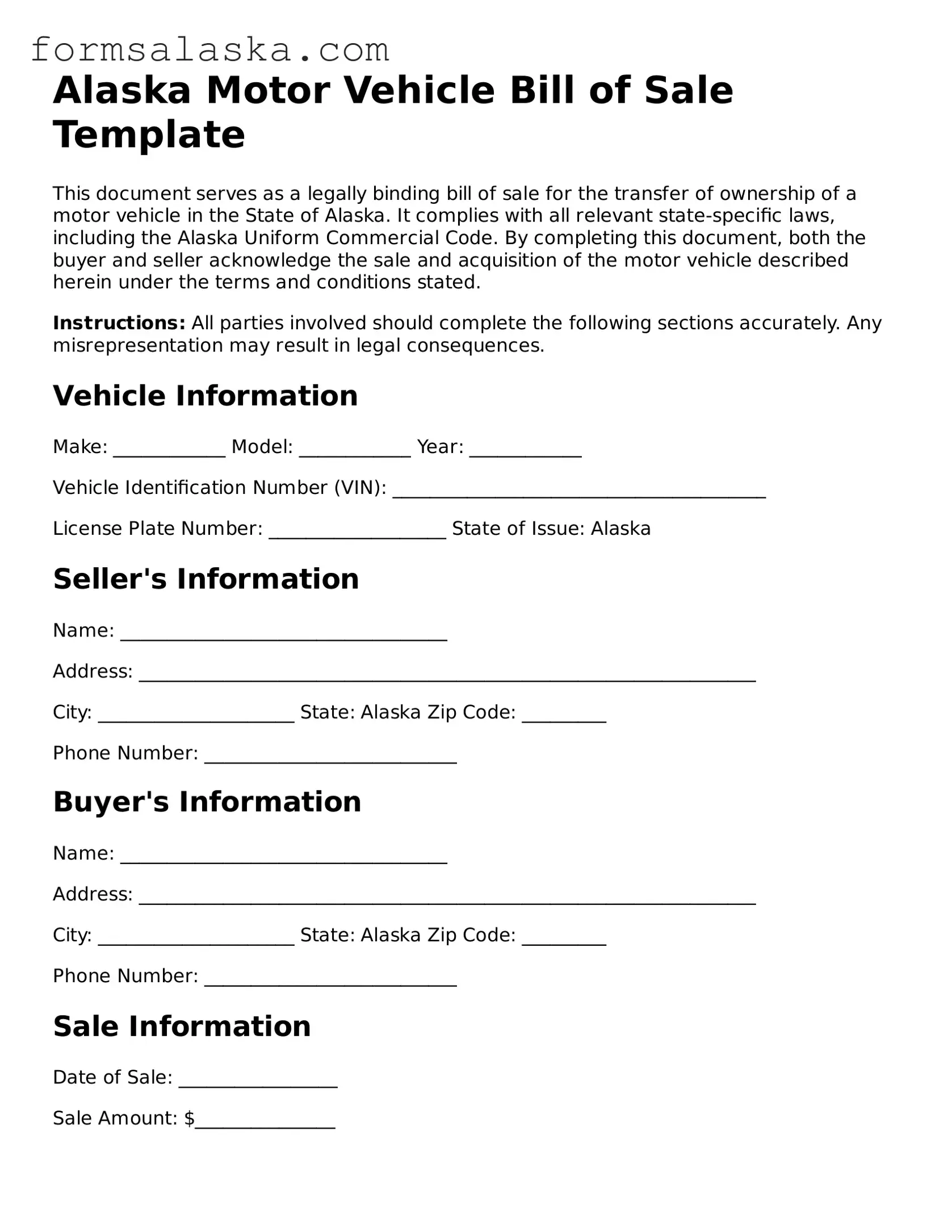 Alaska Motor Vehicle Bill of Sale Document