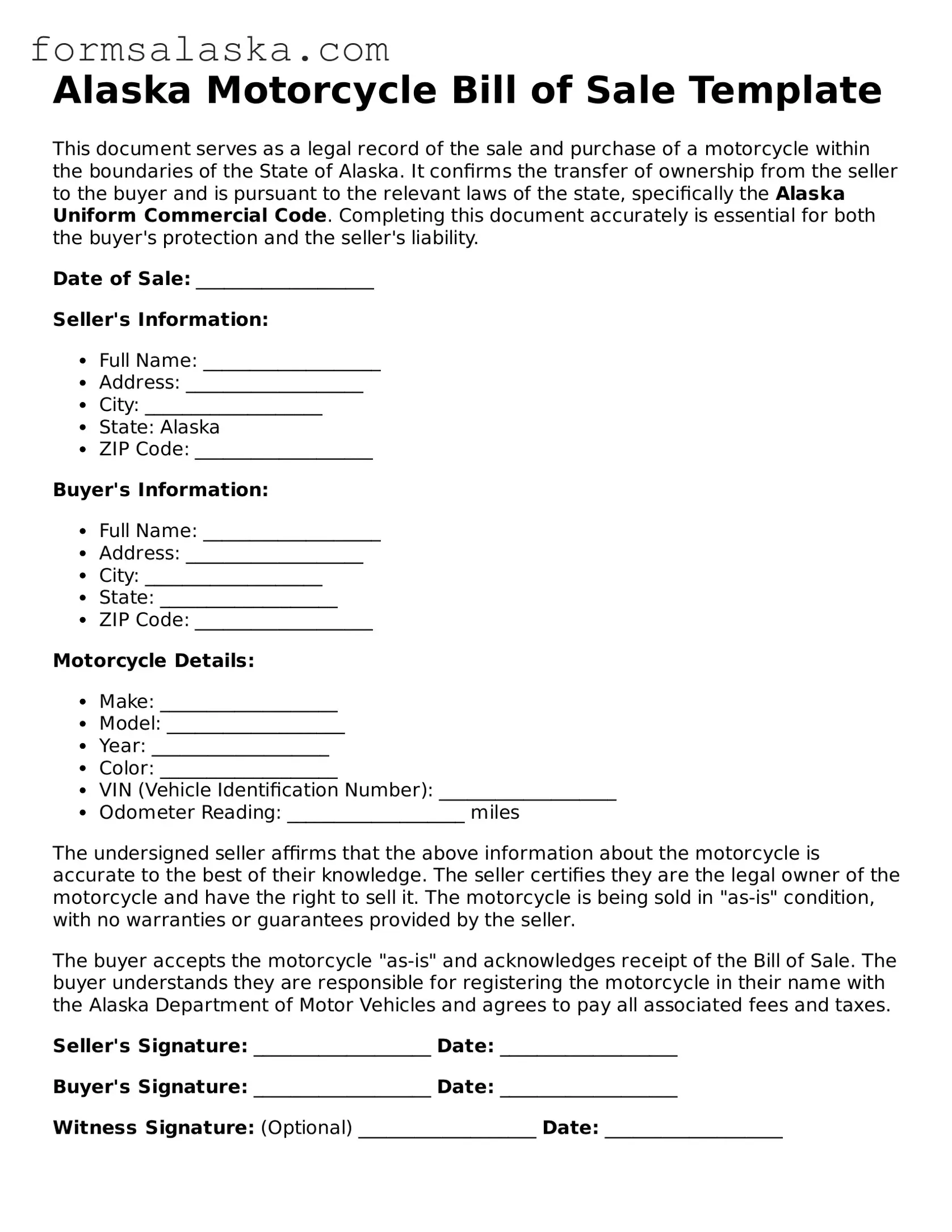 Alaska Motorcycle Bill of Sale Document