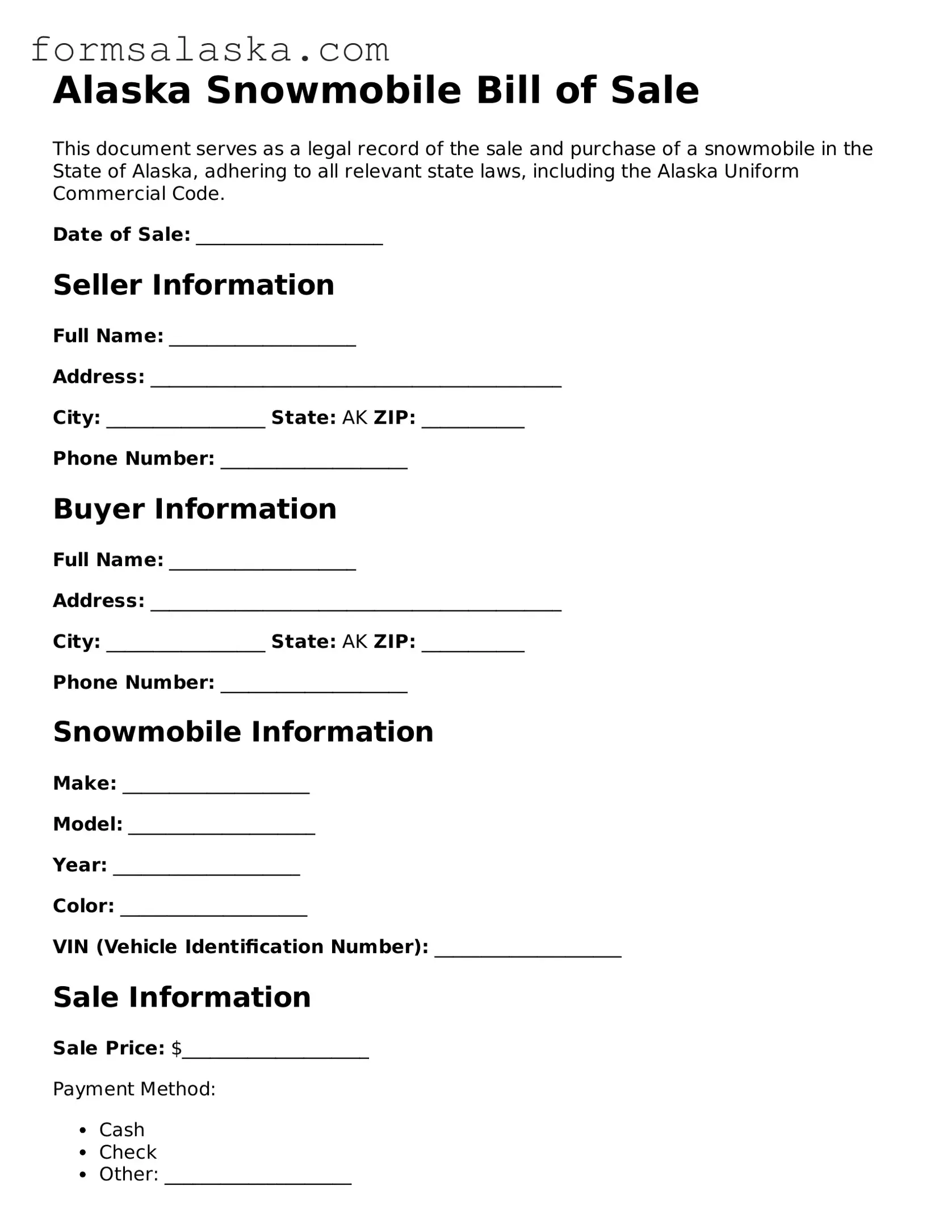 Alaska Snowmobile Bill of Sale Document