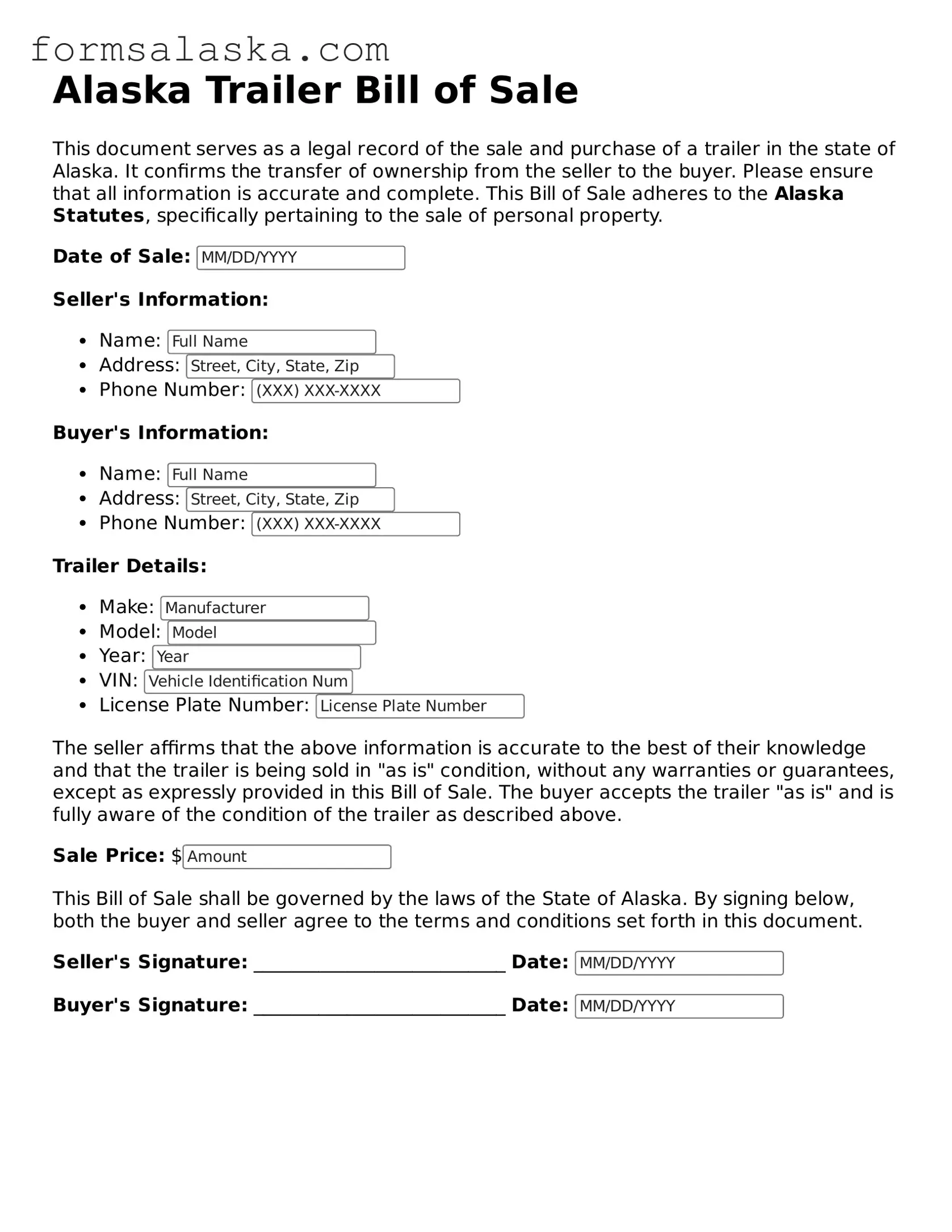 Alaska Trailer Bill of Sale Document