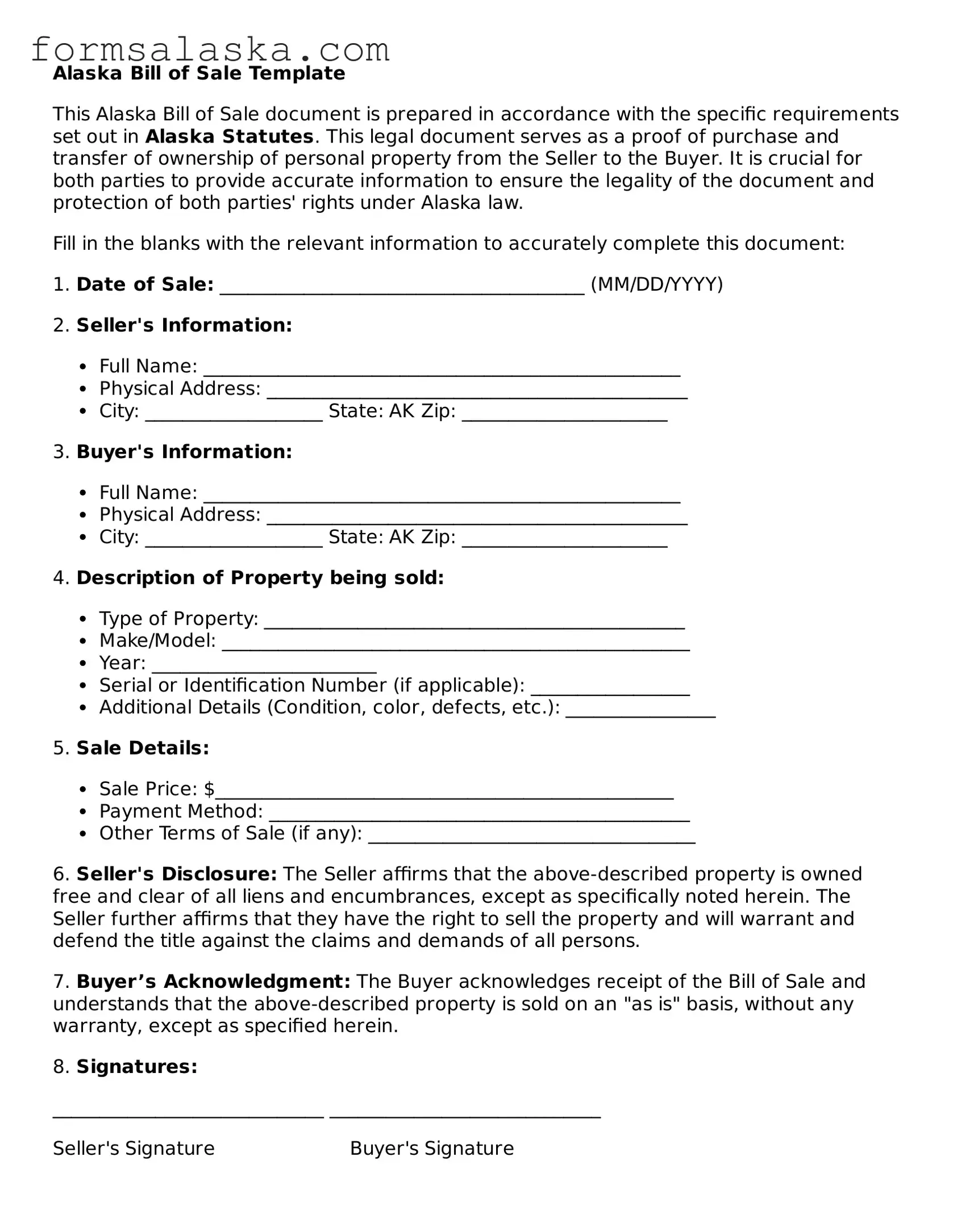 Alaska Bill of Sale Document