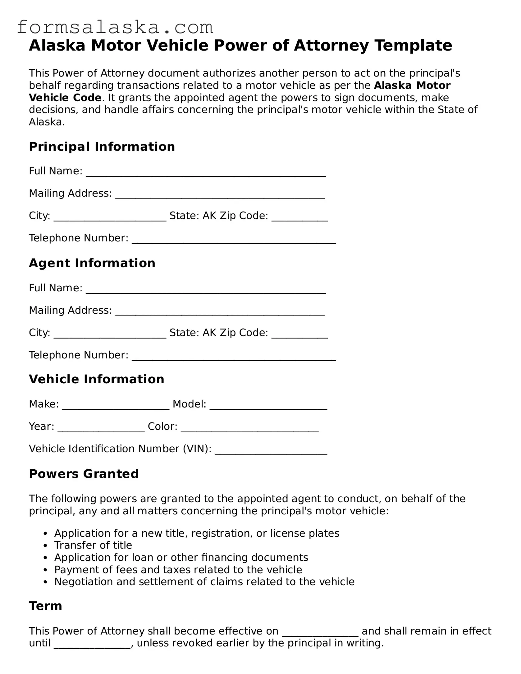 Alaska Motor Vehicle Power of Attorney Document