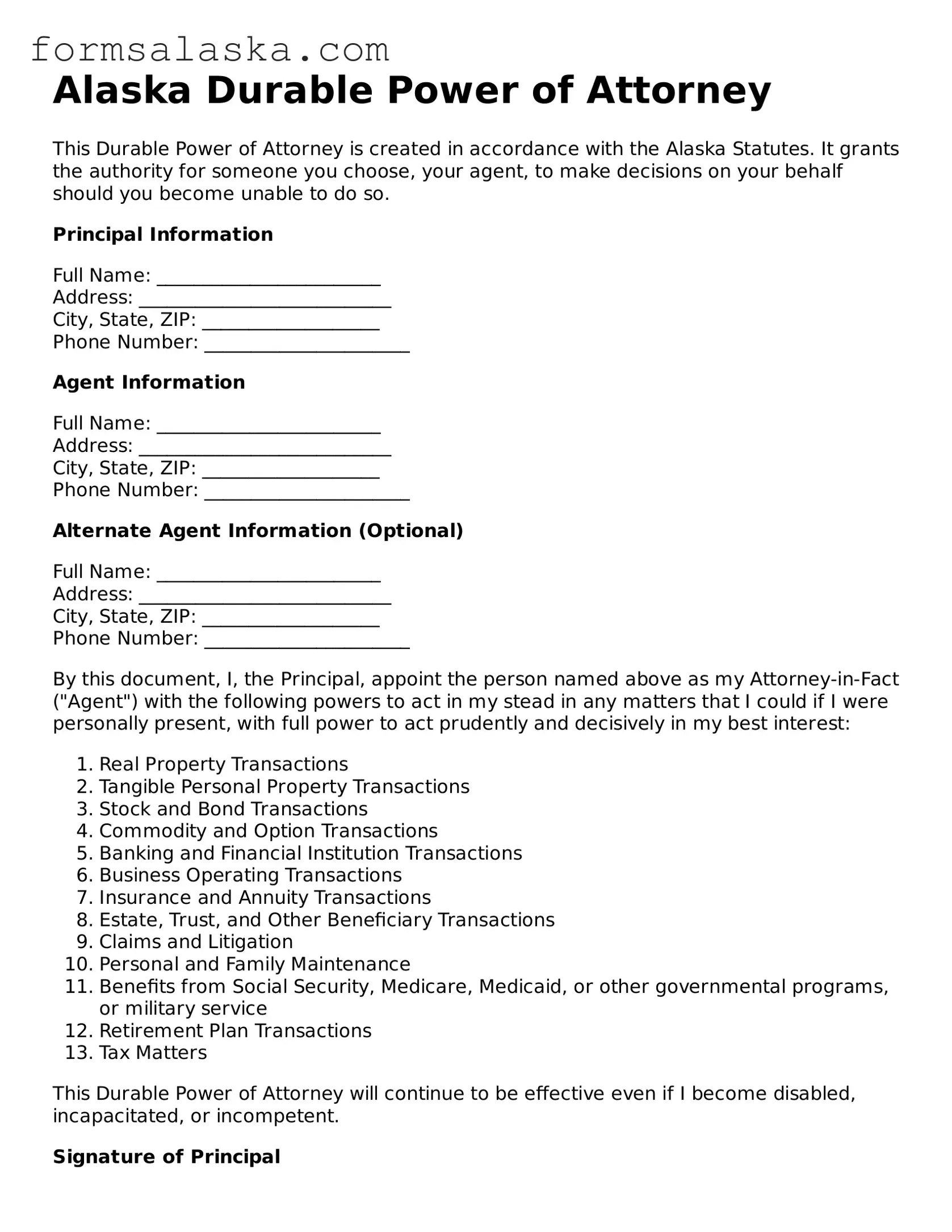 Alaska Durable Power of Attorney Document