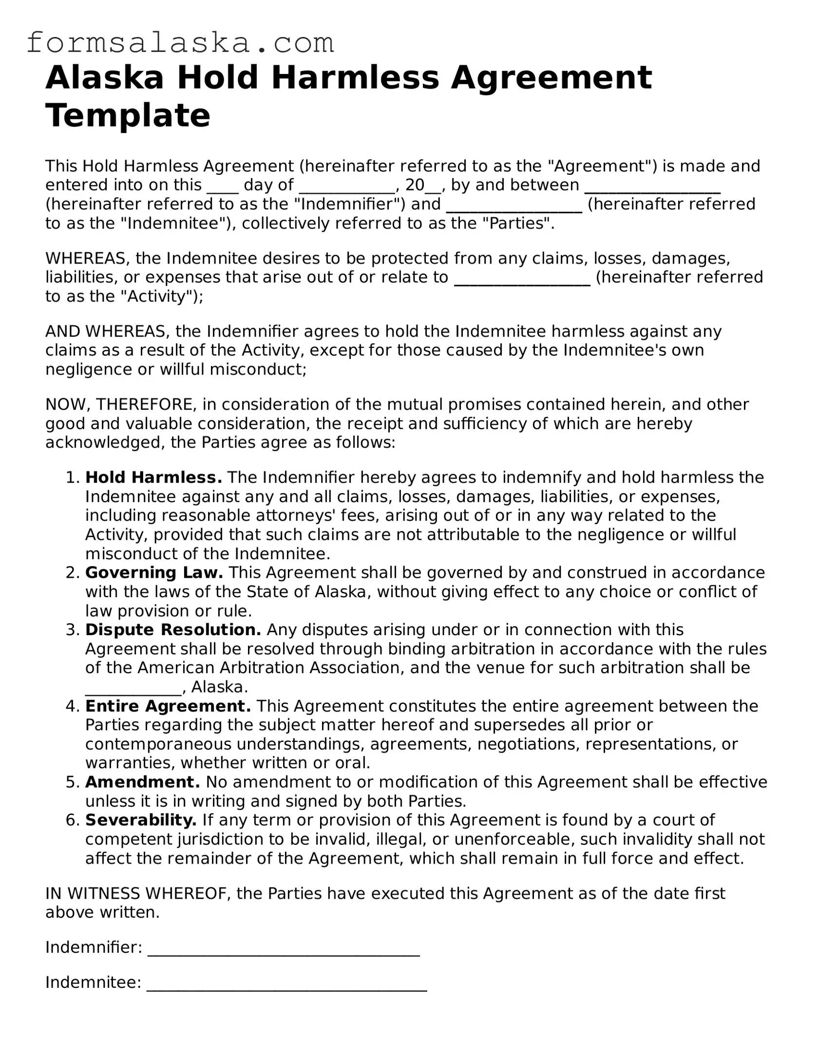 Alaska Hold Harmless Agreement Document