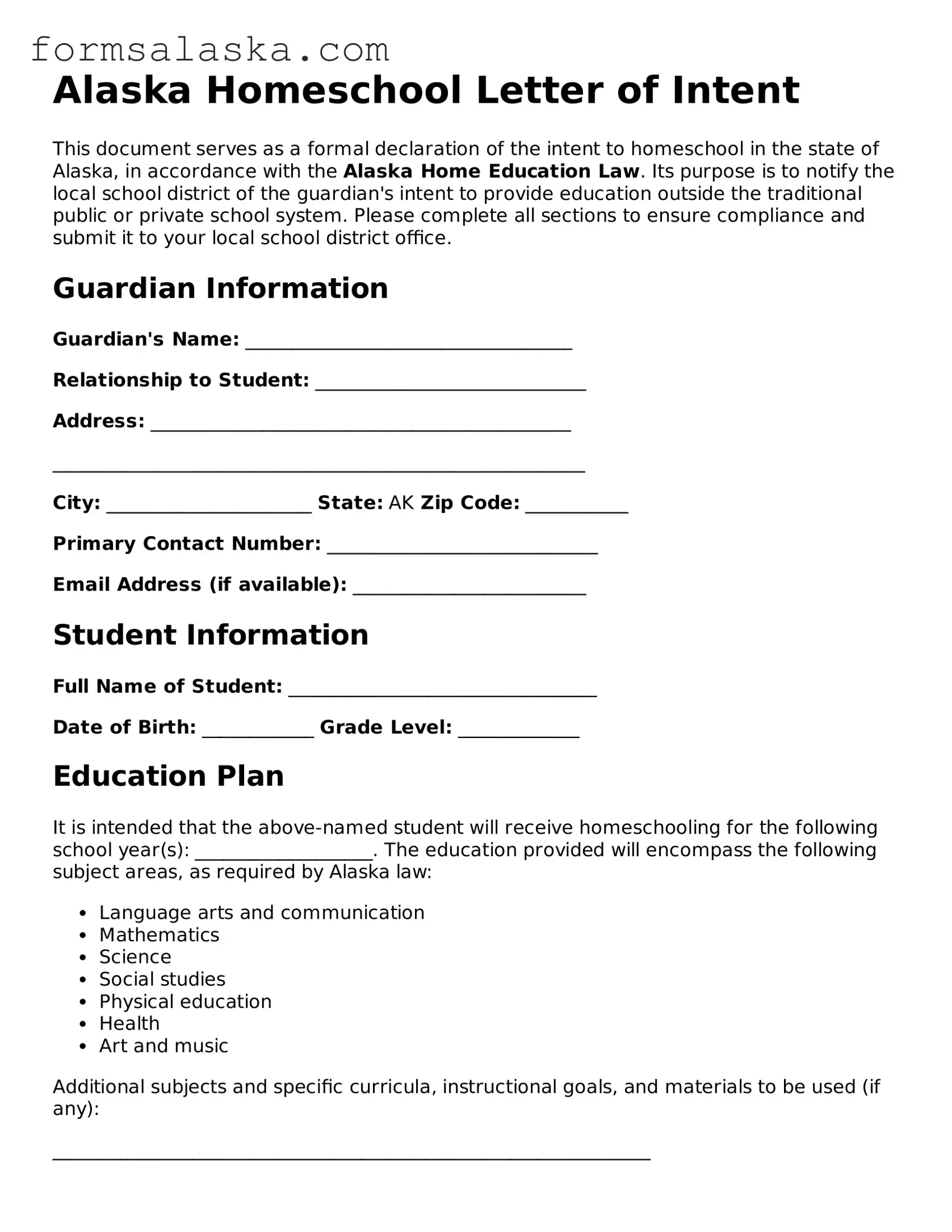 Alaska Homeschool Letter of Intent Document