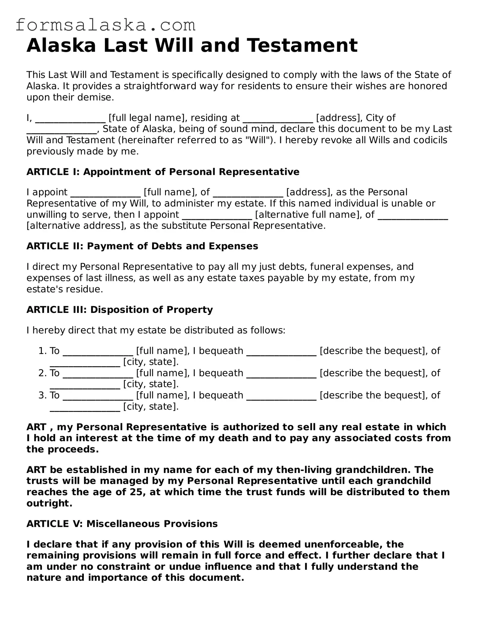 Alaska Last Will and Testament Document