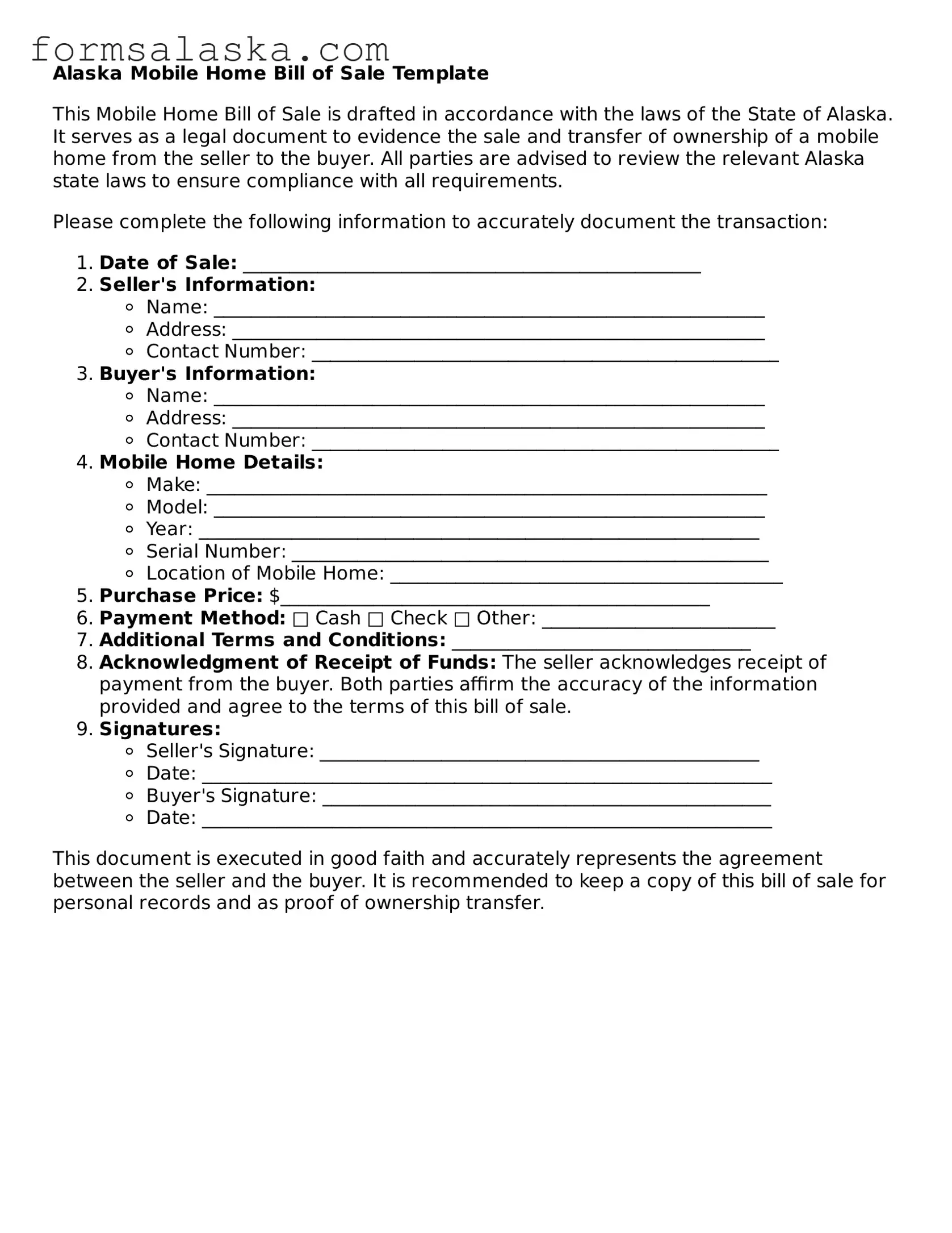 Alaska Mobile Home Bill of Sale Document