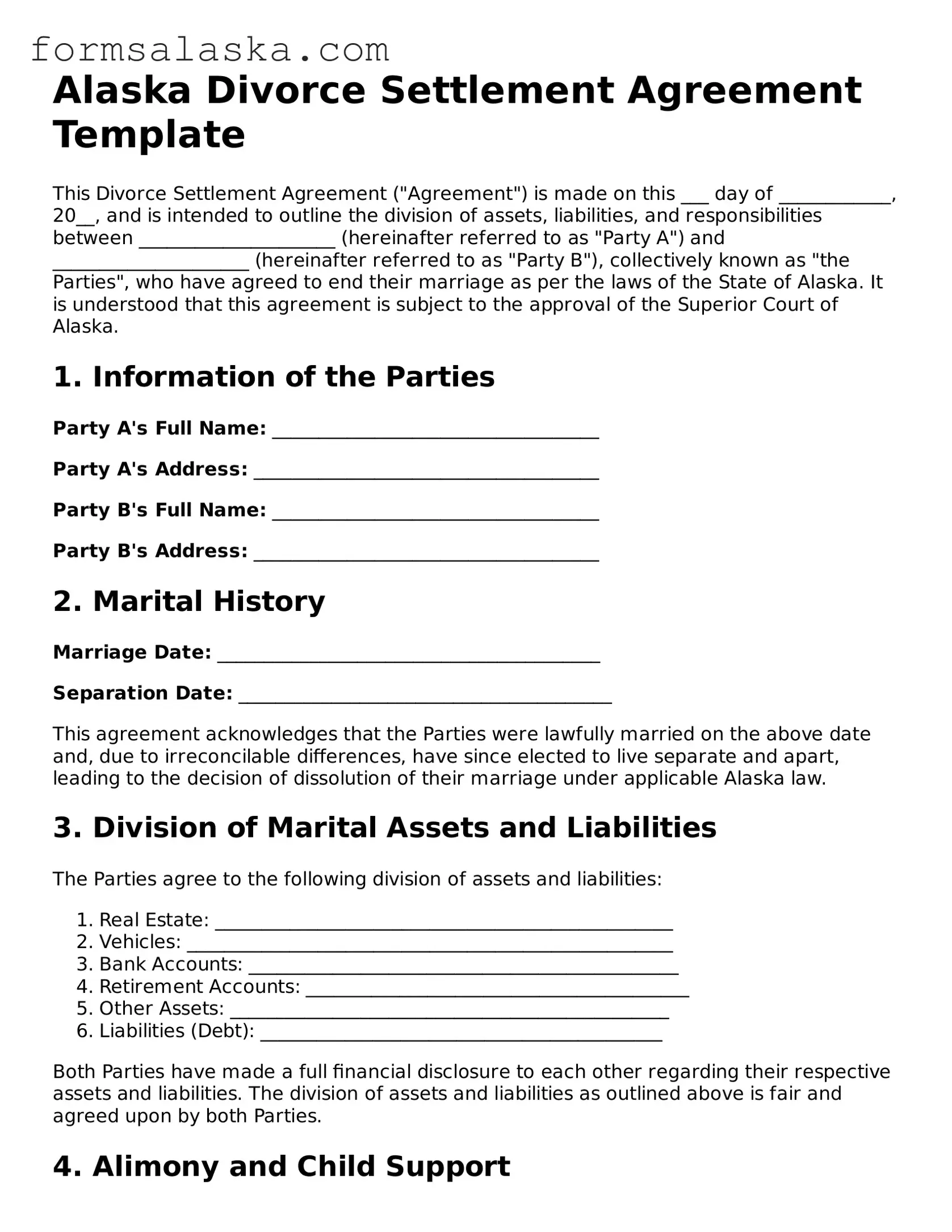 Alaska Divorce Settlement Agreement Document