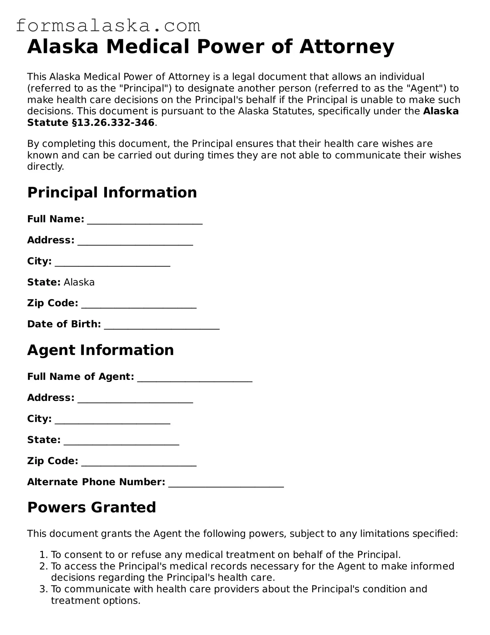 Alaska Medical Power of Attorney Document