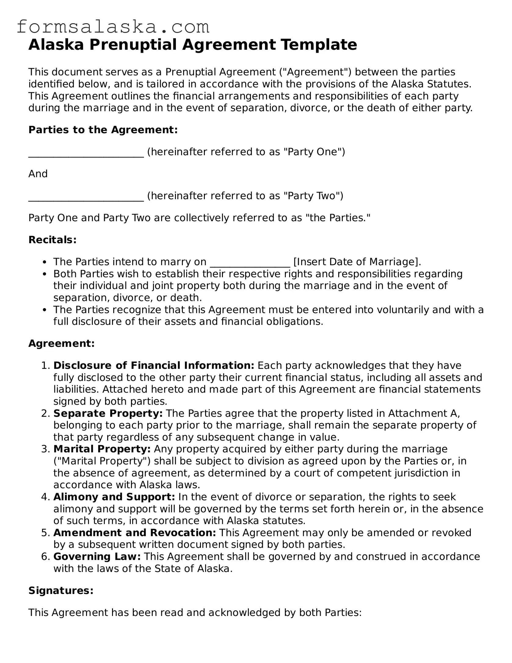 Alaska Prenuptial Agreement Document