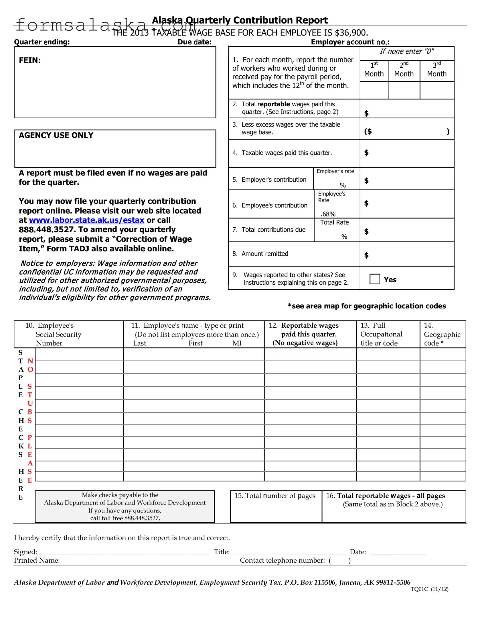 Blank Alaska Quarterly Contribution Report PDF Template