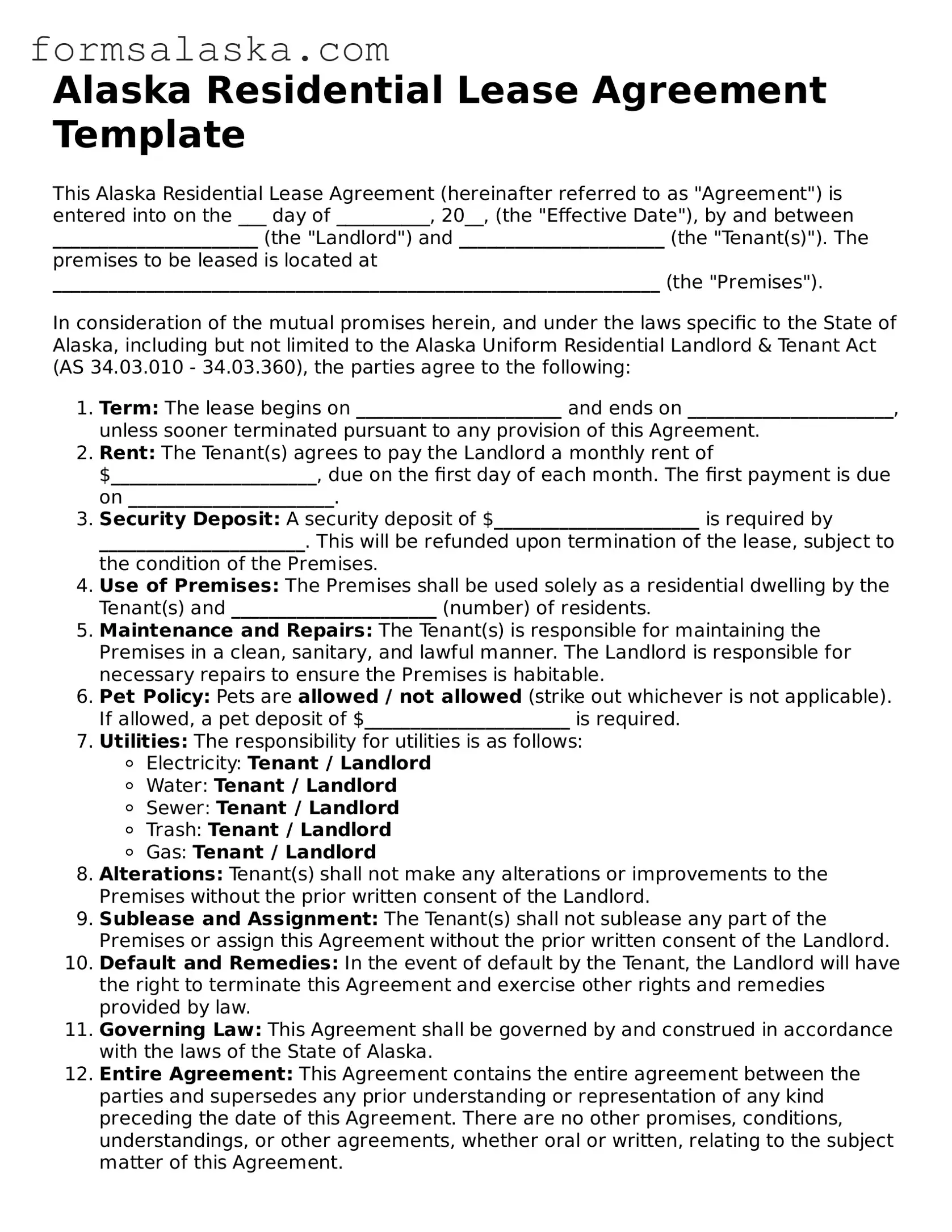 Alaska Residential Lease Agreement Document