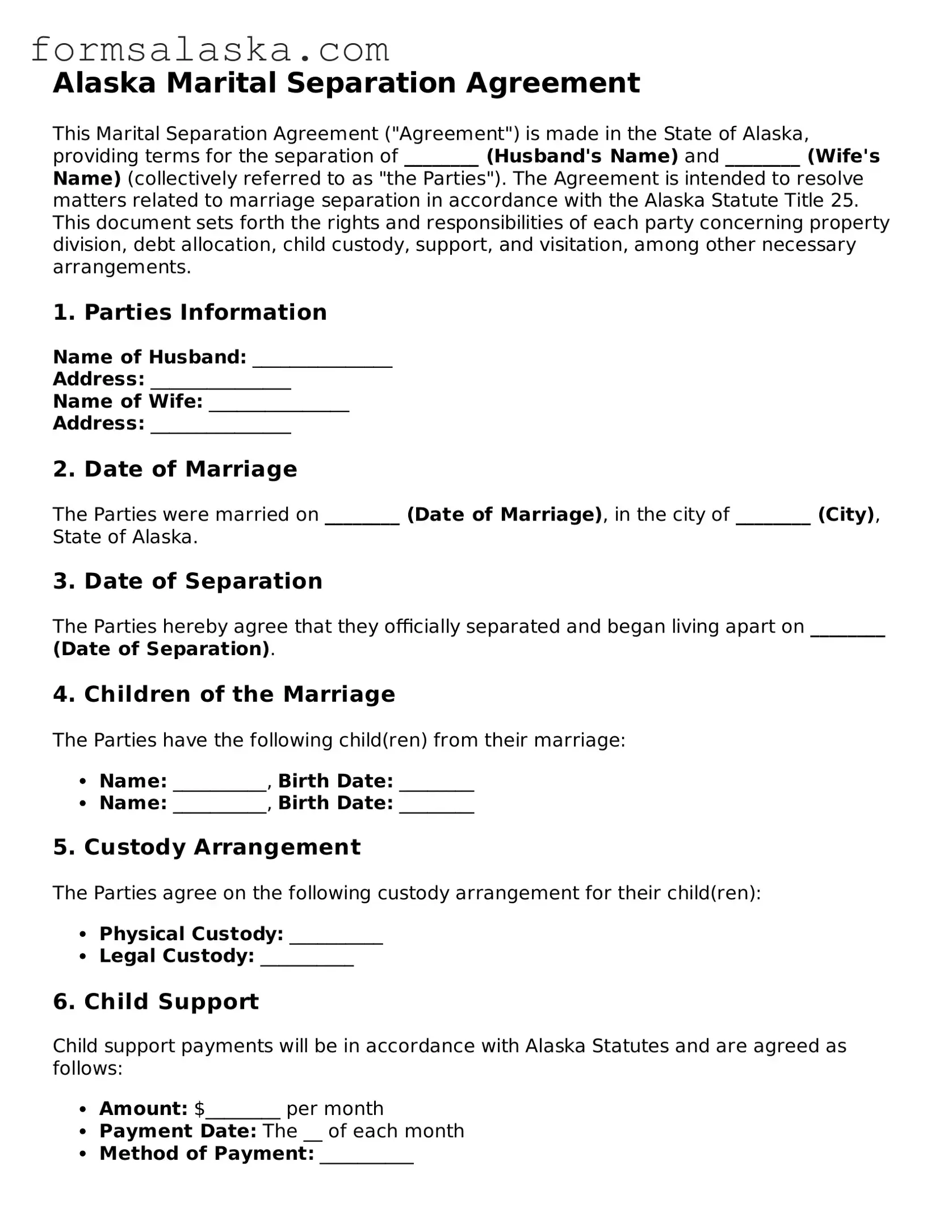 Alaska Marital Separation Agreement Document