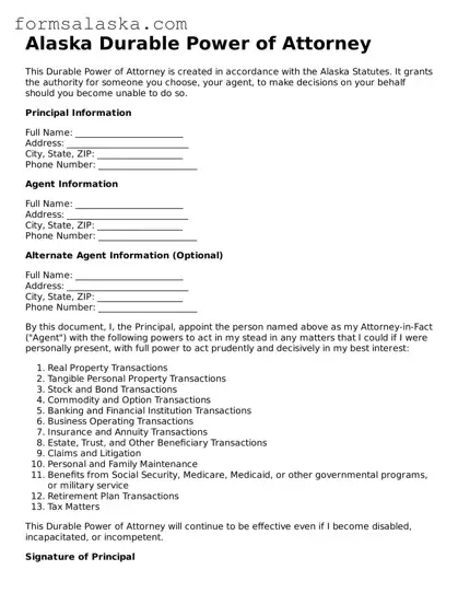 Alaska Durable Power of Attorney Document