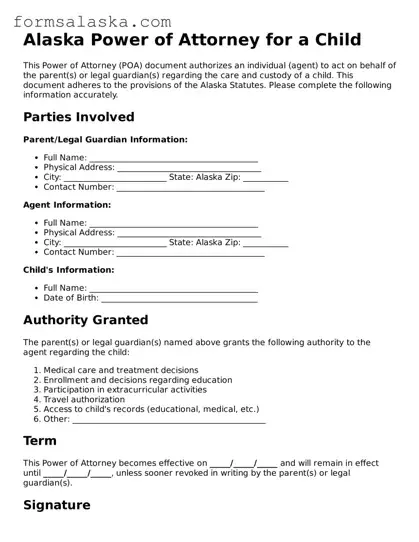 Alaska Power of Attorney for a Child Document
